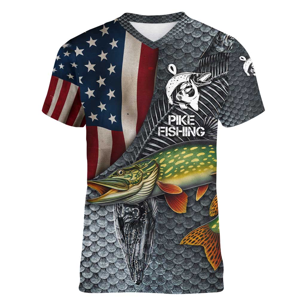 Pike Fishing Women V-Neck T-Shirt with American Flag and Realistic Fish Scale Texture Design - Wonder Print Shop