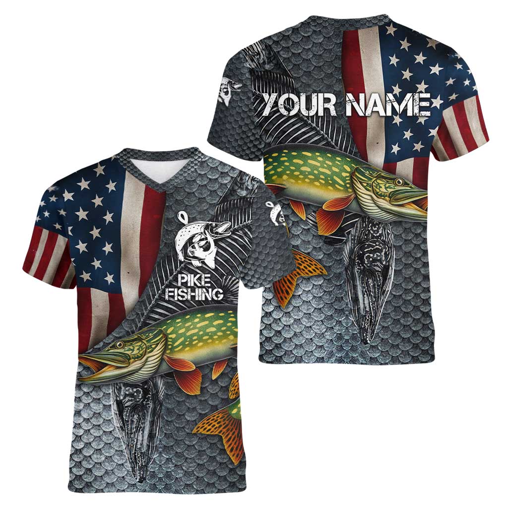 Pike Fishing Women V-Neck T-Shirt with American Flag and Realistic Fish Scale Texture Design - Wonder Print Shop