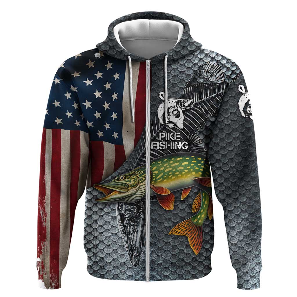 Pike Fishing Zip Hoodie with American Flag and Realistic Fish Scale Texture Design - Wonder Print Shop