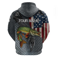 Pike Fishing Zip Hoodie with American Flag and Realistic Fish Scale Texture Design - Wonder Print Shop