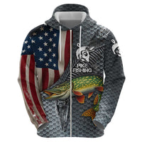 Pike Fishing Zip Hoodie with American Flag and Realistic Fish Scale Texture Design - Wonder Print Shop