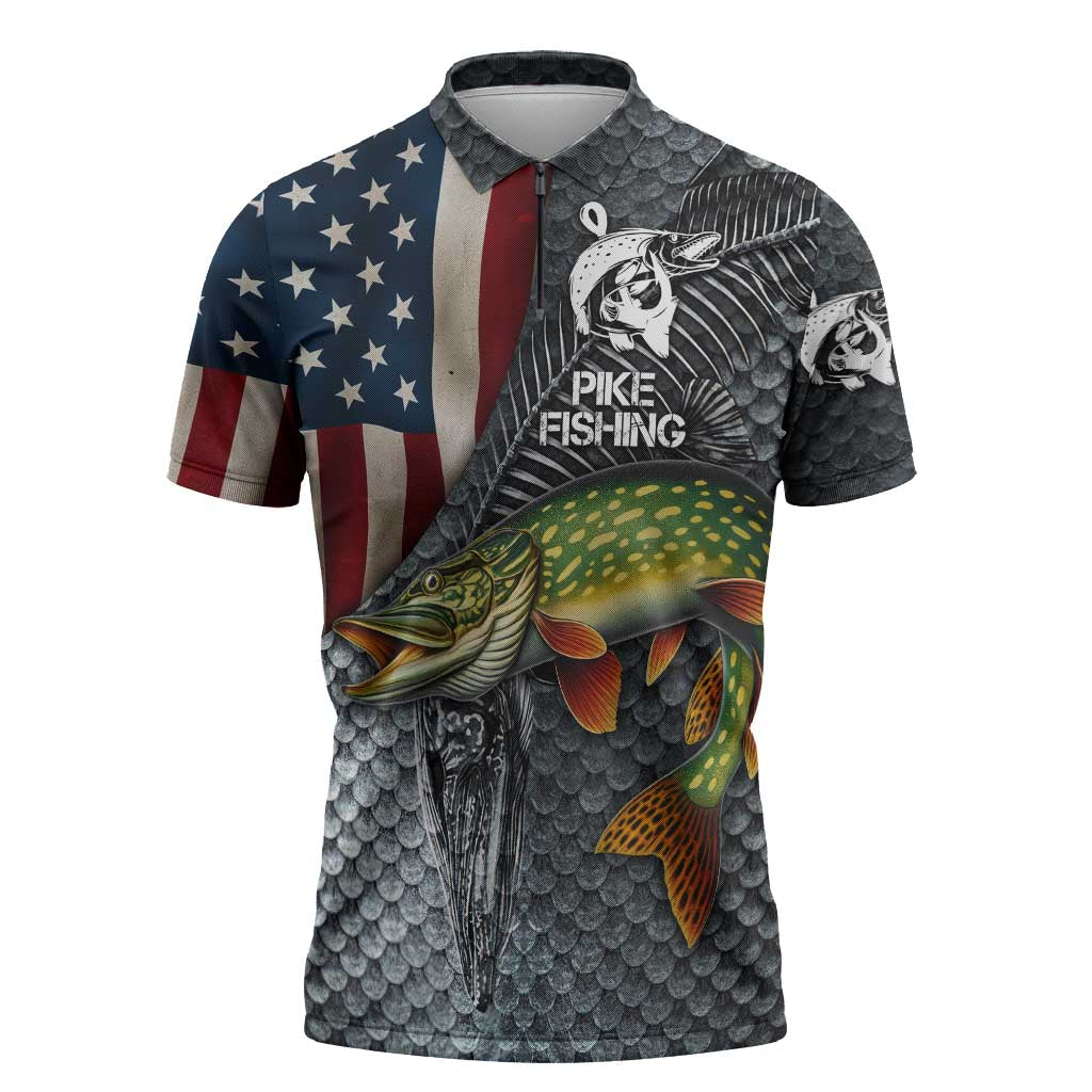 Pike Fishing Zipper Polo Shirt with American Flag and Realistic Fish Scale Texture Design - Wonder Print Shop