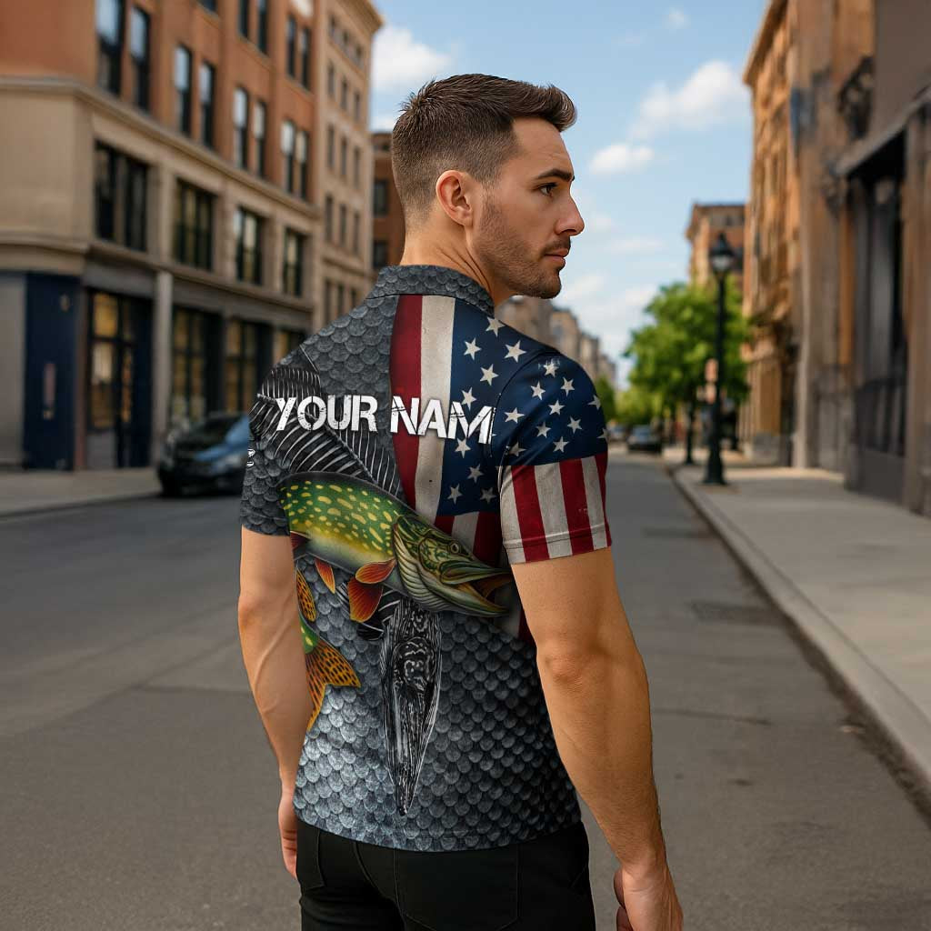Pike Fishing Zipper Polo Shirt with American Flag and Realistic Fish Scale Texture Design - Wonder Print Shop