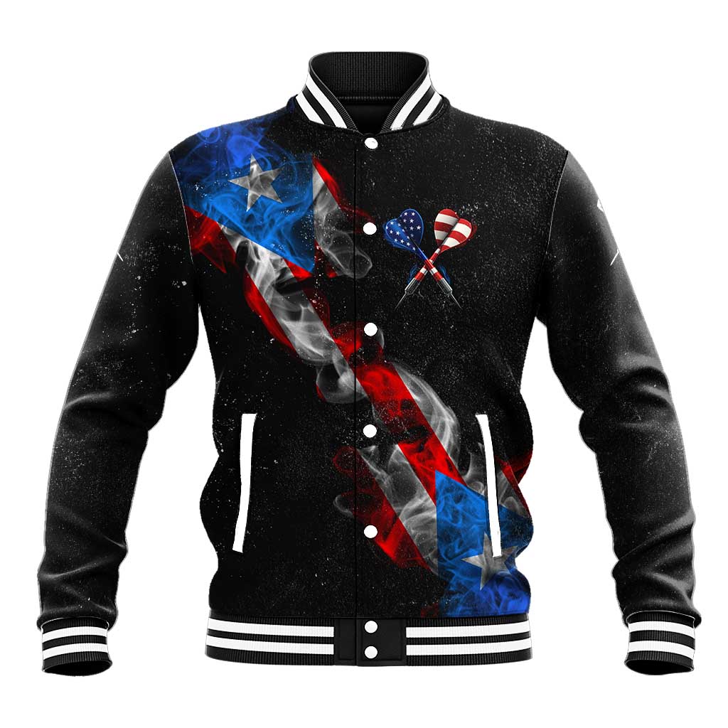 American Flag Smoke Trail Baseball Jacket with Dartboard and Crossed Darts Graphic Design - Wonder Print Shop