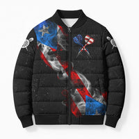 American Flag Smoke Trail Bomber Puffer Jacket with Dartboard and Crossed Darts Graphic Design - Wonder Print Shop