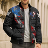 American Flag Smoke Trail Bomber Puffer Jacket with Dartboard and Crossed Darts Graphic Design - Wonder Print Shop