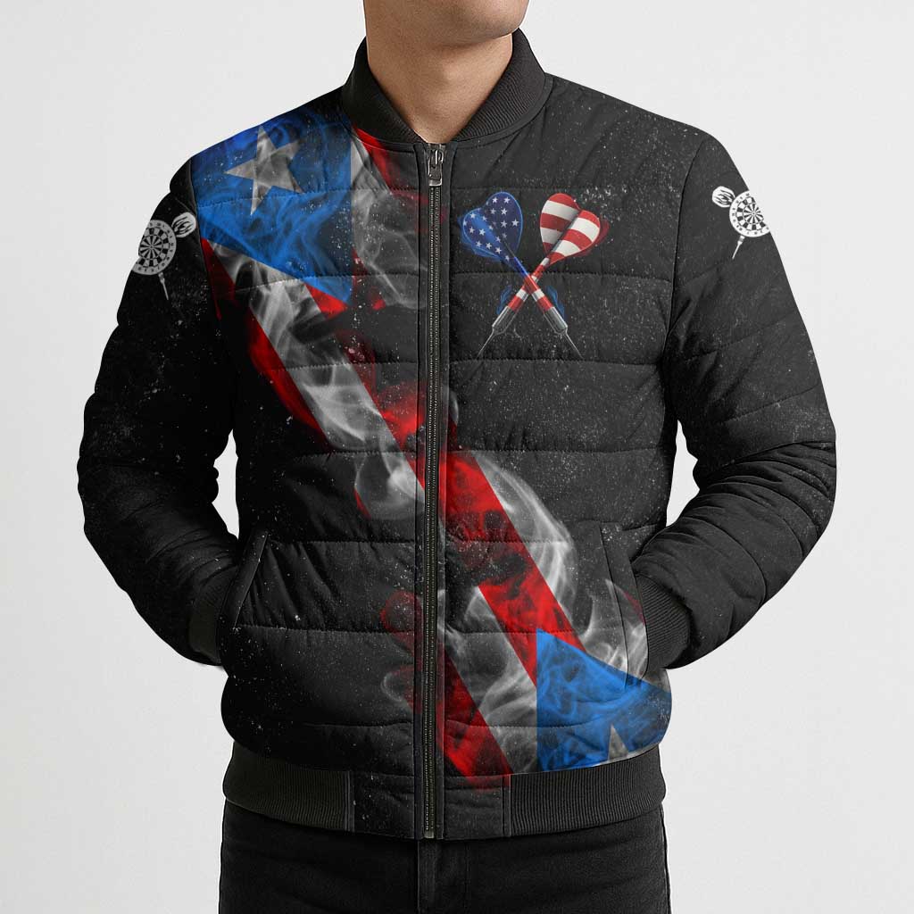 American Flag Smoke Trail Bomber Puffer Jacket with Dartboard and Crossed Darts Graphic Design - Wonder Print Shop