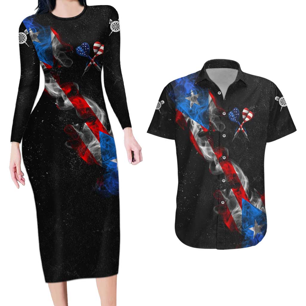 American Flag Smoke Trail Couples Matching Long Sleeve Bodycon Dress and Hawaiian Shirt with Dartboard and Crossed Darts Graphic Design - Wonder Print Shop
