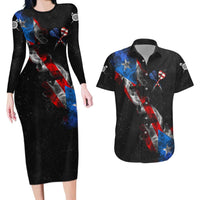 American Flag Smoke Trail Couples Matching Long Sleeve Bodycon Dress and Hawaiian Shirt with Dartboard and Crossed Darts Graphic Design - Wonder Print Shop