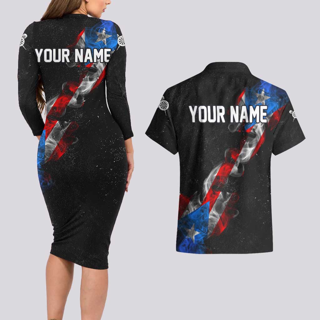 American Flag Smoke Trail Couples Matching Long Sleeve Bodycon Dress and Hawaiian Shirt with Dartboard and Crossed Darts Graphic Design - Wonder Print Shop