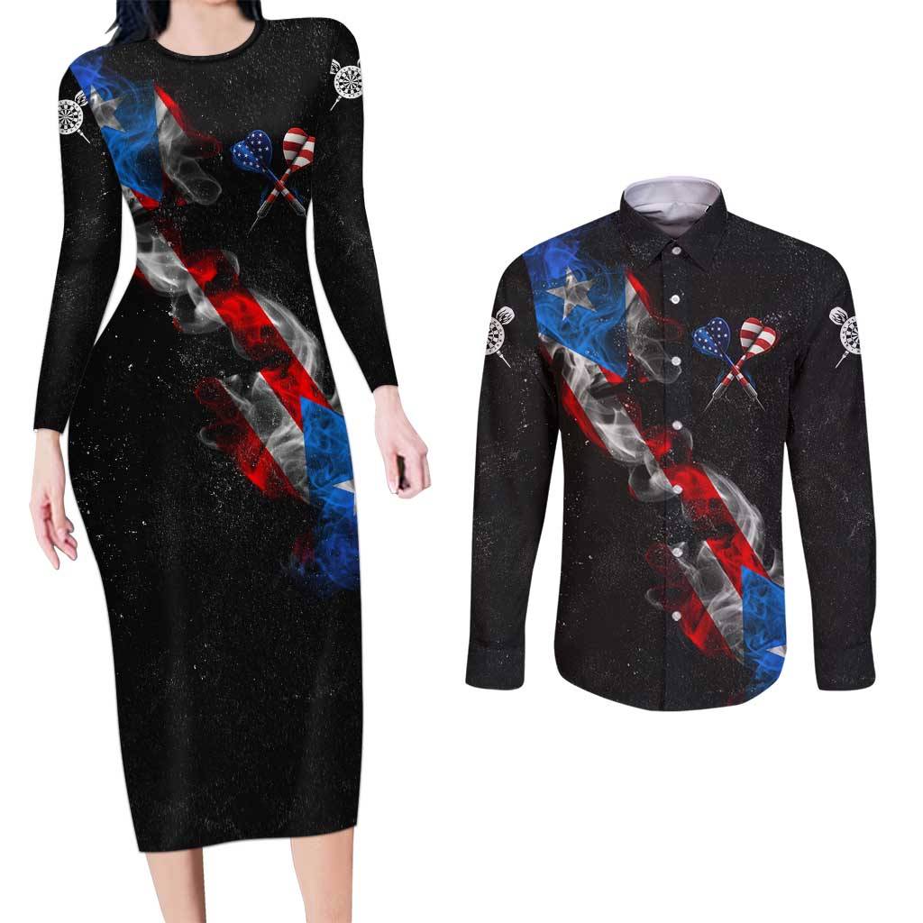 American Flag Smoke Trail Couples Matching Long Sleeve Bodycon Dress and Long Sleeve Button Shirt with Dartboard and Crossed Darts Graphic Design - Wonder Print Shop