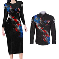 American Flag Smoke Trail Couples Matching Long Sleeve Bodycon Dress and Long Sleeve Button Shirt with Dartboard and Crossed Darts Graphic Design - Wonder Print Shop