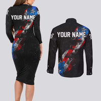 American Flag Smoke Trail Couples Matching Long Sleeve Bodycon Dress and Long Sleeve Button Shirt with Dartboard and Crossed Darts Graphic Design - Wonder Print Shop
