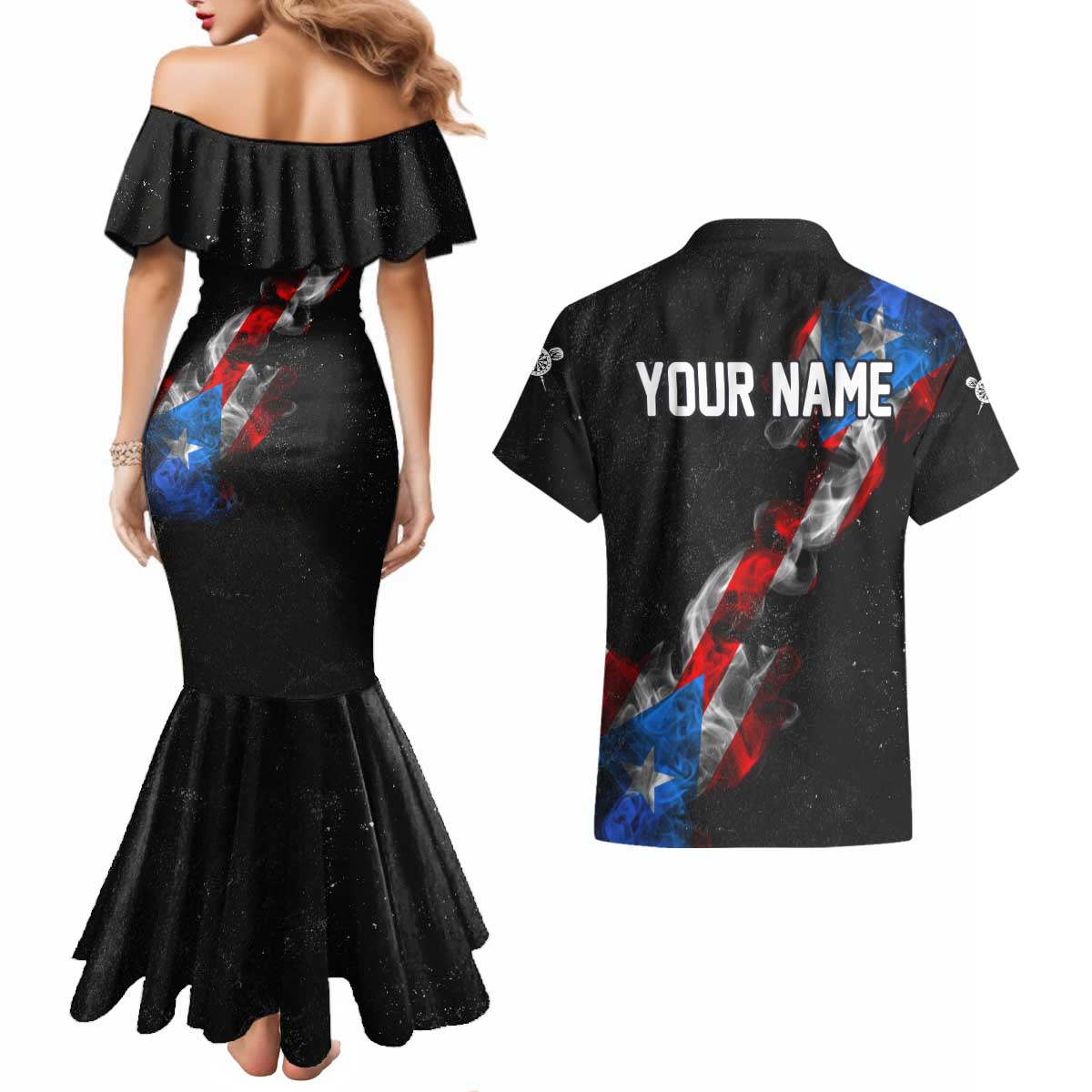 American Flag Smoke Trail Couples Matching Mermaid Dress and Hawaiian Shirt with Dartboard and Crossed Darts Graphic Design - Wonder Print Shop