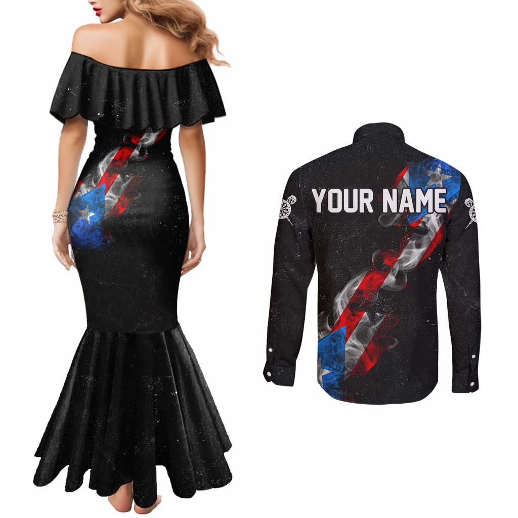 American Flag Smoke Trail Couples Matching Mermaid Dress and Long Sleeve Button Shirt with Dartboard and Crossed Darts Graphic Design - Wonder Print Shop