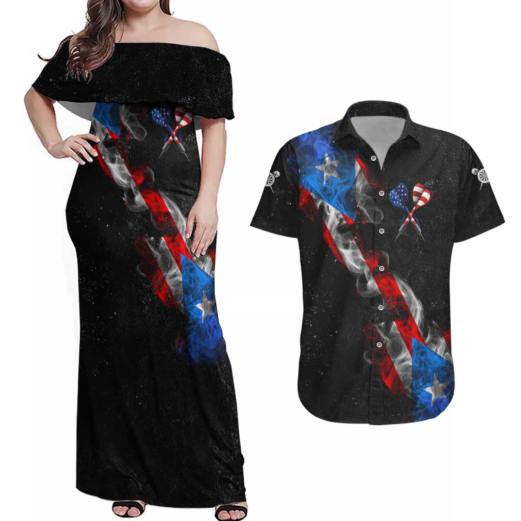 American Flag Smoke Trail Couples Matching Off Shoulder Maxi Dress and Hawaiian Shirt with Dartboard and Crossed Darts Graphic Design - Wonder Print Shop