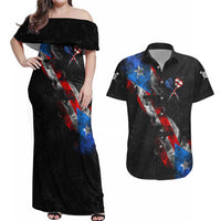 American Flag Smoke Trail Couples Matching Off Shoulder Maxi Dress and Hawaiian Shirt with Dartboard and Crossed Darts Graphic Design - Wonder Print Shop