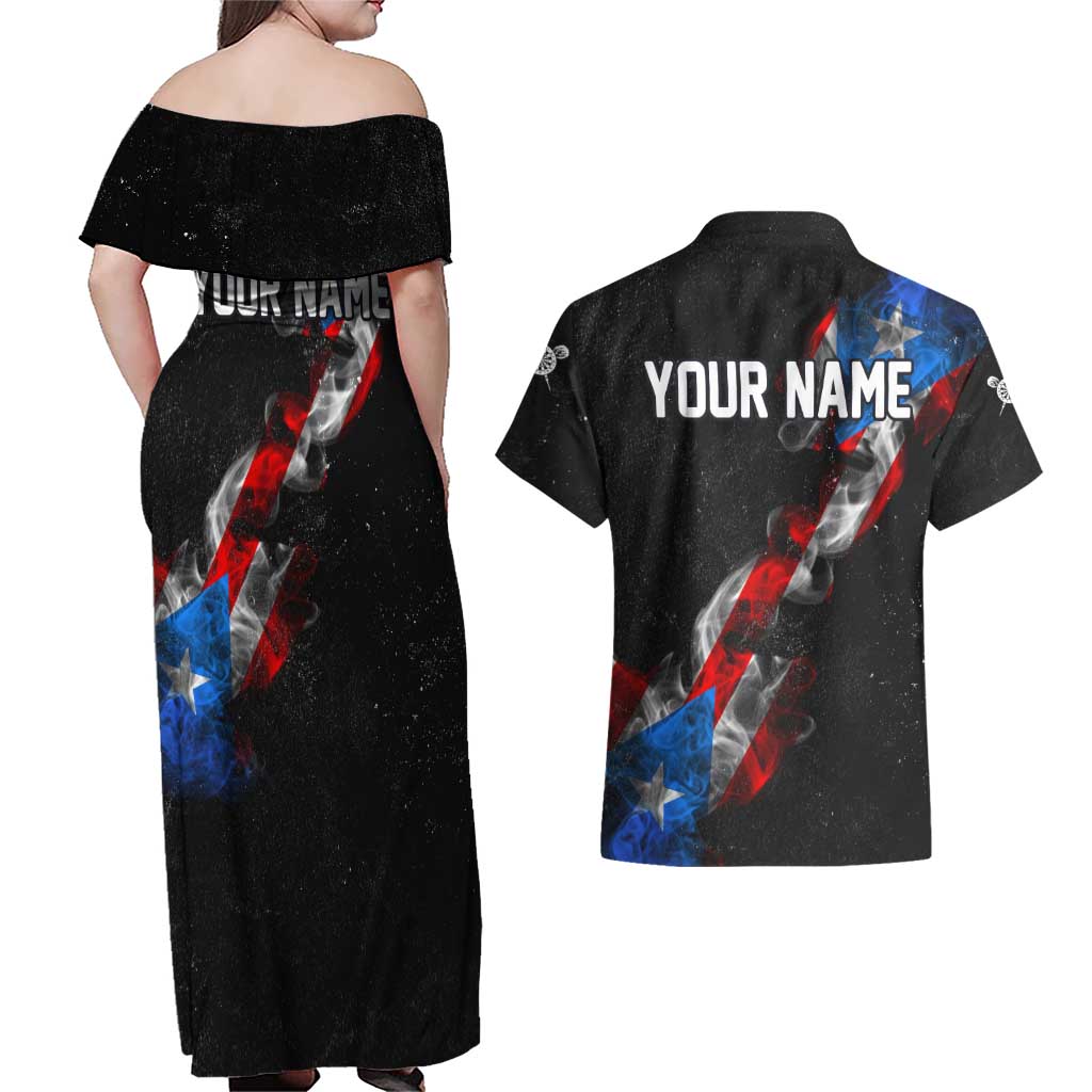 American Flag Smoke Trail Couples Matching Off Shoulder Maxi Dress and Hawaiian Shirt with Dartboard and Crossed Darts Graphic Design - Wonder Print Shop