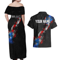 American Flag Smoke Trail Couples Matching Off Shoulder Maxi Dress and Hawaiian Shirt with Dartboard and Crossed Darts Graphic Design - Wonder Print Shop
