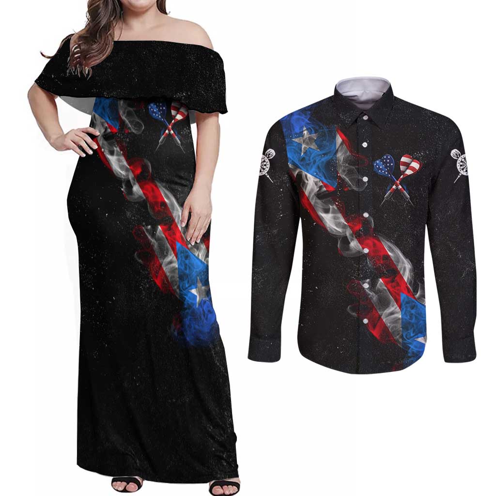 American Flag Smoke Trail Couples Matching Off Shoulder Maxi Dress and Long Sleeve Button Shirt with Dartboard and Crossed Darts Graphic Design - Wonder Print Shop