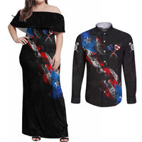 American Flag Smoke Trail Couples Matching Off Shoulder Maxi Dress and Long Sleeve Button Shirt with Dartboard and Crossed Darts Graphic Design - Wonder Print Shop