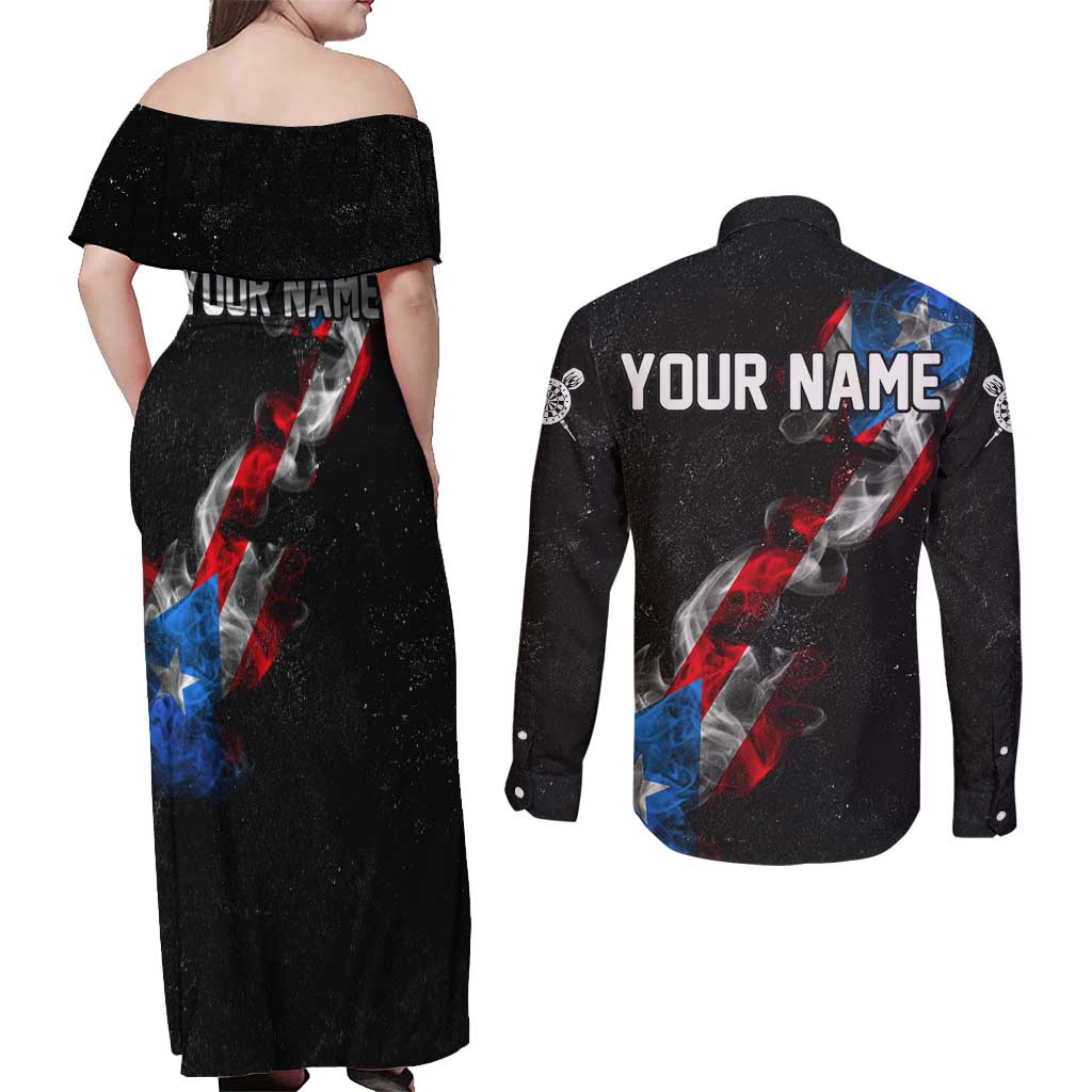 American Flag Smoke Trail Couples Matching Off Shoulder Maxi Dress and Long Sleeve Button Shirt with Dartboard and Crossed Darts Graphic Design - Wonder Print Shop