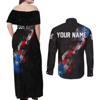 American Flag Smoke Trail Couples Matching Off Shoulder Maxi Dress and Long Sleeve Button Shirt with Dartboard and Crossed Darts Graphic Design - Wonder Print Shop