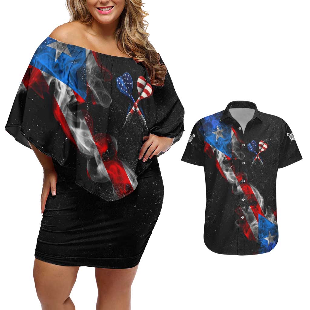 American Flag Smoke Trail Couples Matching Off Shoulder Short Dress and Hawaiian Shirt with Dartboard and Crossed Darts Graphic Design - Wonder Print Shop