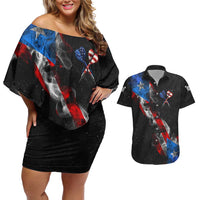 American Flag Smoke Trail Couples Matching Off Shoulder Short Dress and Hawaiian Shirt with Dartboard and Crossed Darts Graphic Design - Wonder Print Shop