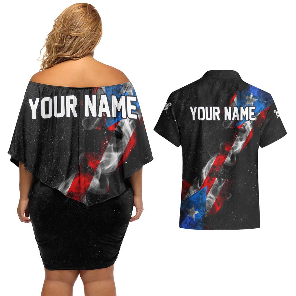 American Flag Smoke Trail Couples Matching Off Shoulder Short Dress and Hawaiian Shirt with Dartboard and Crossed Darts Graphic Design - Wonder Print Shop