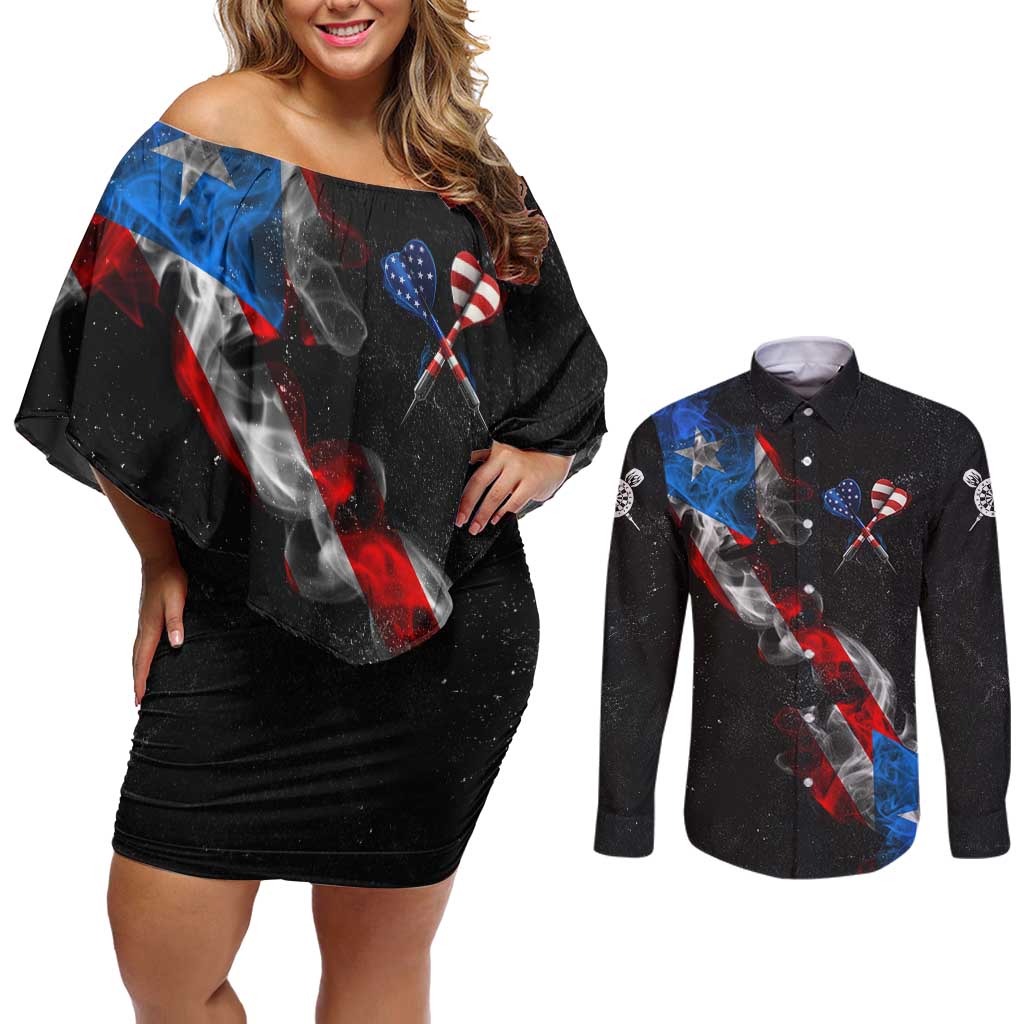 American Flag Smoke Trail Couples Matching Off Shoulder Short Dress and Long Sleeve Button Shirt with Dartboard and Crossed Darts Graphic Design - Wonder Print Shop