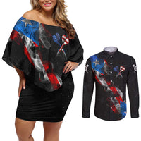 American Flag Smoke Trail Couples Matching Off Shoulder Short Dress and Long Sleeve Button Shirt with Dartboard and Crossed Darts Graphic Design - Wonder Print Shop