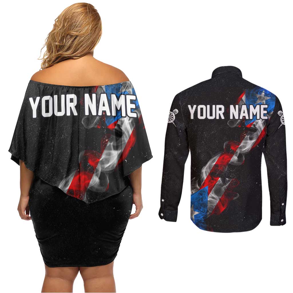 American Flag Smoke Trail Couples Matching Off Shoulder Short Dress and Long Sleeve Button Shirt with Dartboard and Crossed Darts Graphic Design - Wonder Print Shop