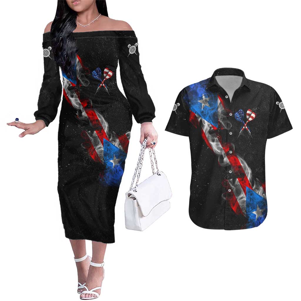 American Flag Smoke Trail Couples Matching Off The Shoulder Long Sleeve Dress and Hawaiian Shirt with Dartboard and Crossed Darts Graphic Design - Wonder Print Shop