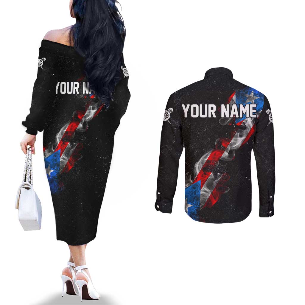 American Flag Smoke Trail Couples Matching Off The Shoulder Long Sleeve Dress and Long Sleeve Button Shirt with Dartboard and Crossed Darts Graphic Design - Wonder Print Shop