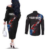 American Flag Smoke Trail Couples Matching Off The Shoulder Long Sleeve Dress and Long Sleeve Button Shirt with Dartboard and Crossed Darts Graphic Design - Wonder Print Shop