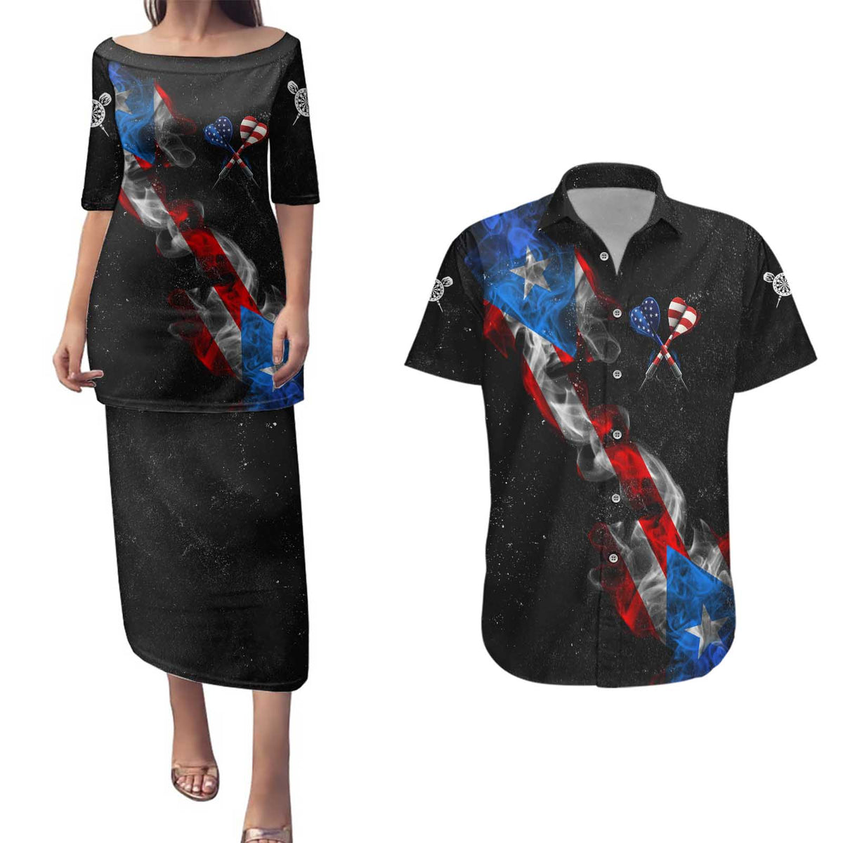 American Flag Smoke Trail Couples Matching Puletasi and Hawaiian Shirt with Dartboard and Crossed Darts Graphic Design - Wonder Print Shop