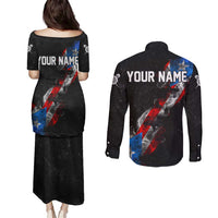 American Flag Smoke Trail Couples Matching Puletasi and Long Sleeve Button Shirt with Dartboard and Crossed Darts Graphic Design - Wonder Print Shop