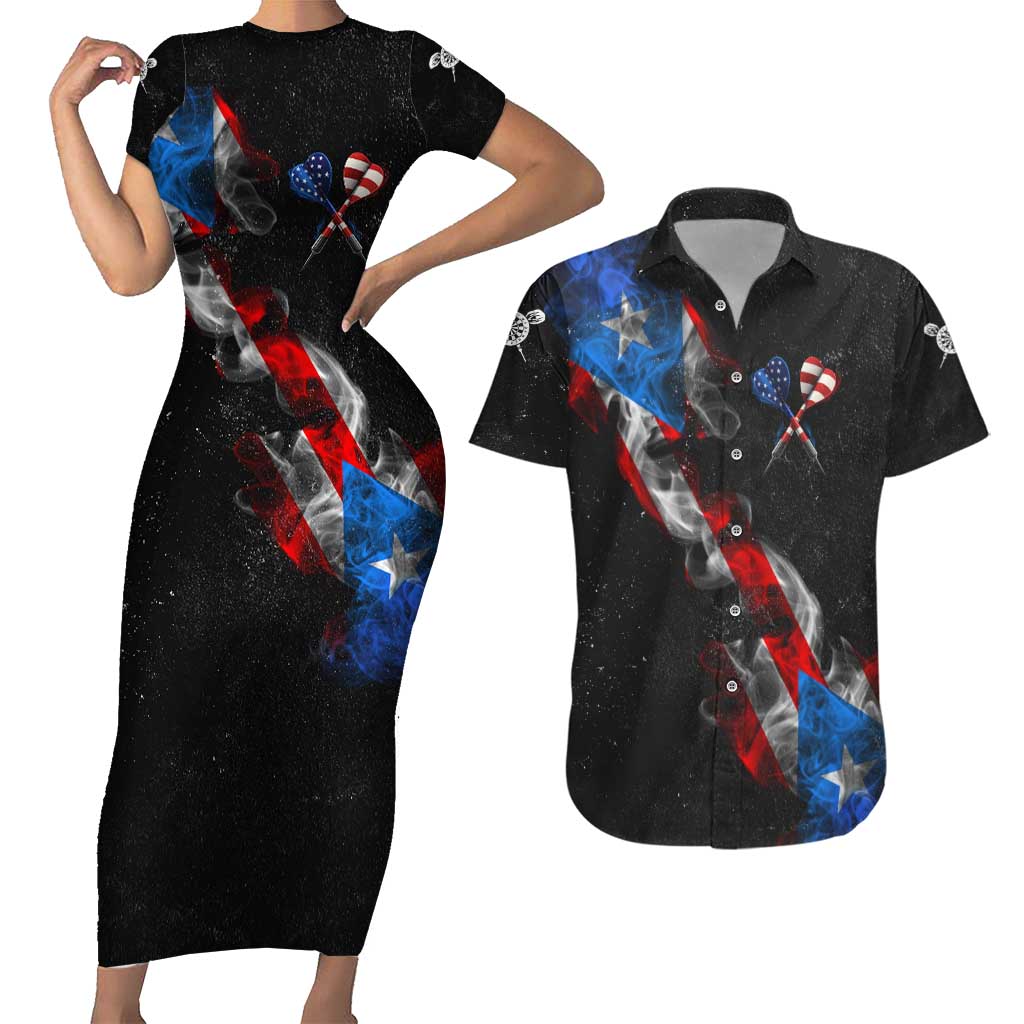 American Flag Smoke Trail Couples Matching Short Sleeve Bodycon Dress and Hawaiian Shirt with Dartboard and Crossed Darts Graphic Design - Wonder Print Shop
