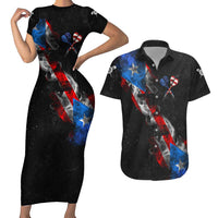 American Flag Smoke Trail Couples Matching Short Sleeve Bodycon Dress and Hawaiian Shirt with Dartboard and Crossed Darts Graphic Design - Wonder Print Shop