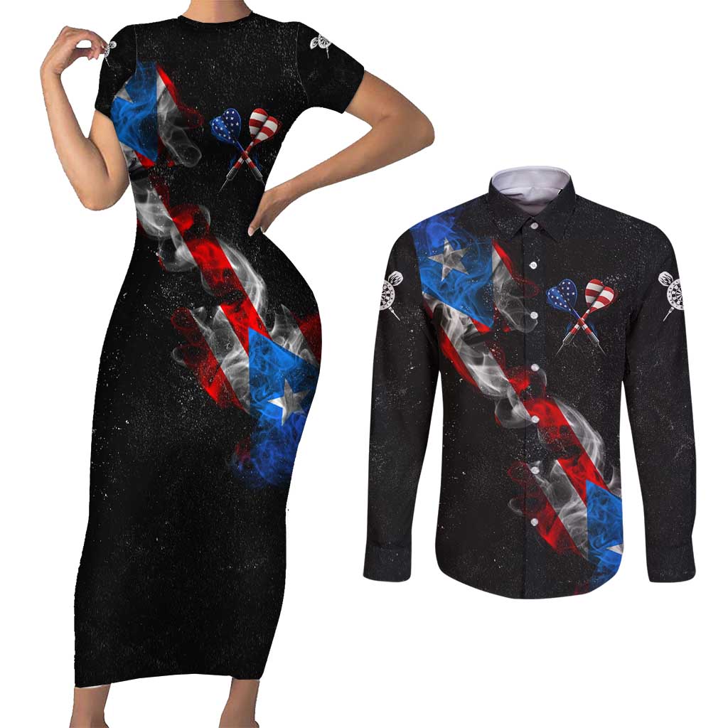 American Flag Smoke Trail Couples Matching Short Sleeve Bodycon Dress and Long Sleeve Button Shirt with Dartboard and Crossed Darts Graphic Design - Wonder Print Shop