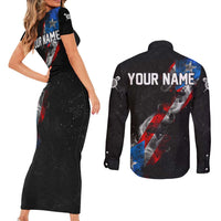 American Flag Smoke Trail Couples Matching Short Sleeve Bodycon Dress and Long Sleeve Button Shirt with Dartboard and Crossed Darts Graphic Design - Wonder Print Shop