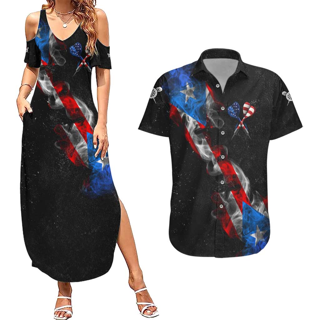 American Flag Smoke Trail Couples Matching Summer Maxi Dress and Hawaiian Shirt with Dartboard and Crossed Darts Graphic Design - Wonder Print Shop