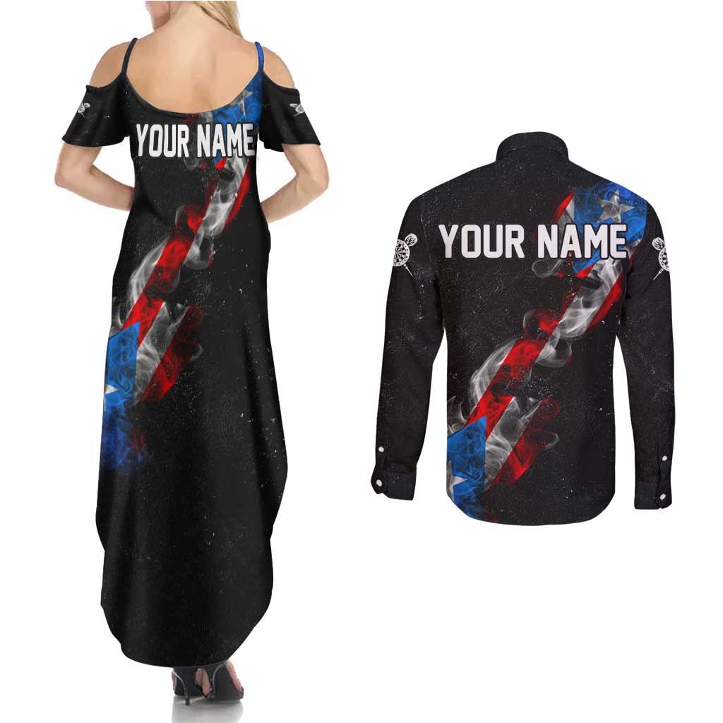 American Flag Smoke Trail Couples Matching Summer Maxi Dress and Long Sleeve Button Shirt with Dartboard and Crossed Darts Graphic Design - Wonder Print Shop