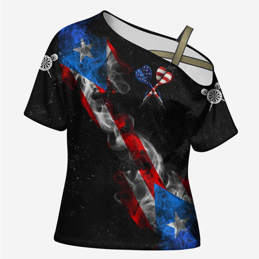 American Flag Smoke Trail Cross Shoulder Shirt with Dartboard and Crossed Darts Graphic Design - Wonder Print Shop