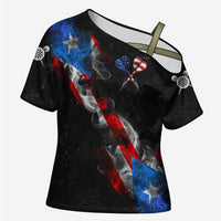American Flag Smoke Trail Cross Shoulder Shirt with Dartboard and Crossed Darts Graphic Design - Wonder Print Shop