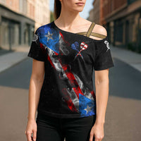 American Flag Smoke Trail Cross Shoulder Shirt with Dartboard and Crossed Darts Graphic Design - Wonder Print Shop