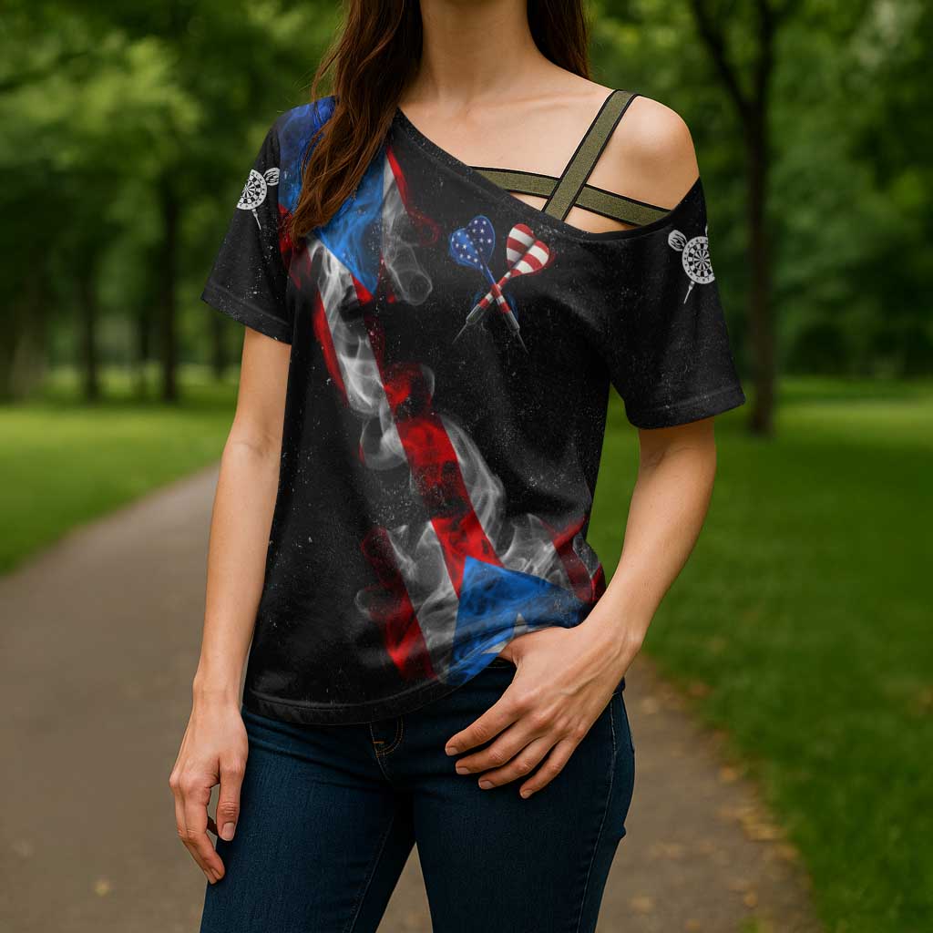 American Flag Smoke Trail Cross Shoulder Shirt with Dartboard and Crossed Darts Graphic Design - Wonder Print Shop