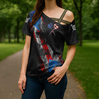 American Flag Smoke Trail Cross Shoulder Shirt with Dartboard and Crossed Darts Graphic Design - Wonder Print Shop