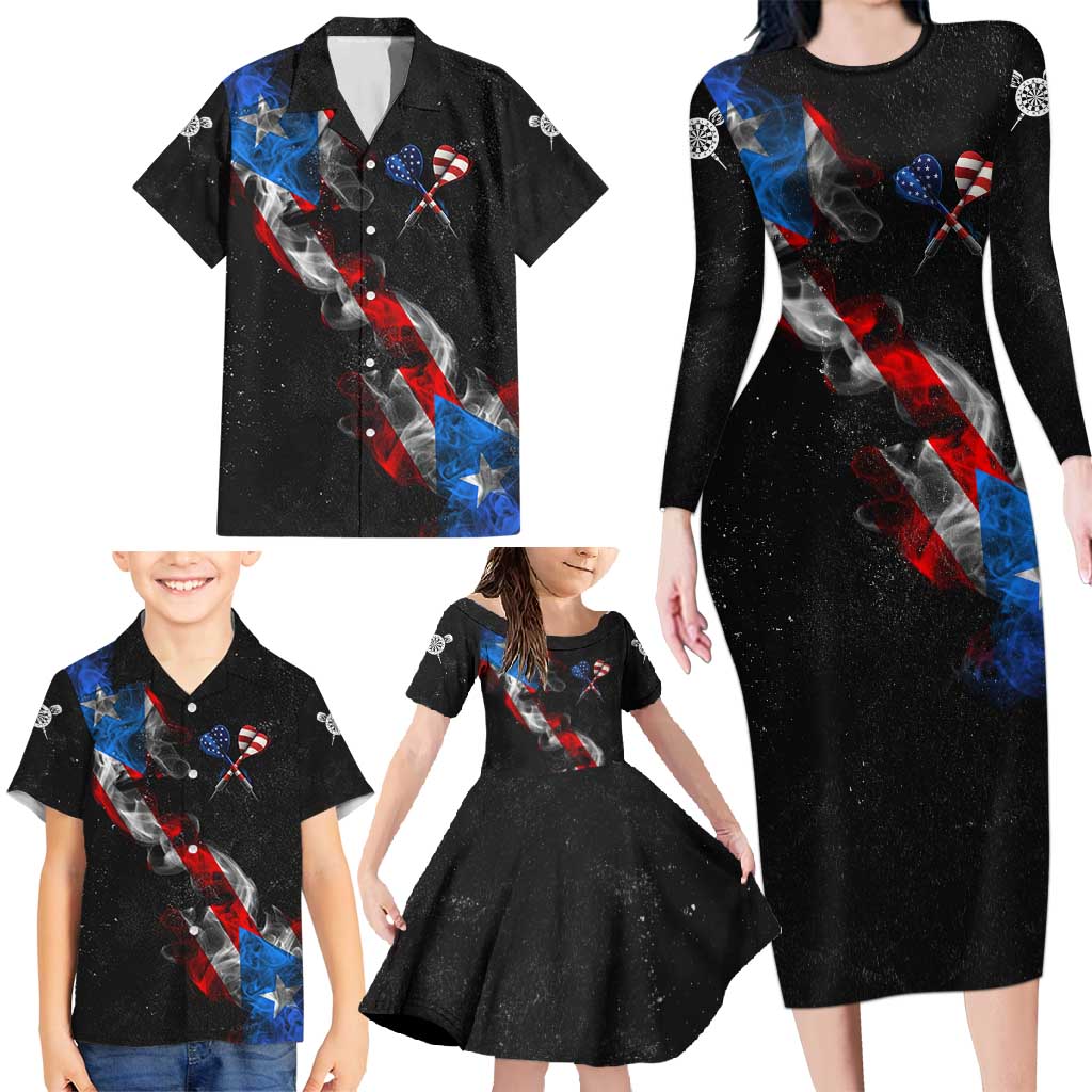 American Flag Smoke Trail Family Matching Long Sleeve Bodycon Dress and Hawaiian Shirt with Dartboard and Crossed Darts Graphic Design - Wonder Print Shop